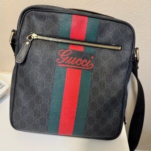 Authentic.  Gucci Black Signature Canvas Messenger Bag with Red & Green Stripe